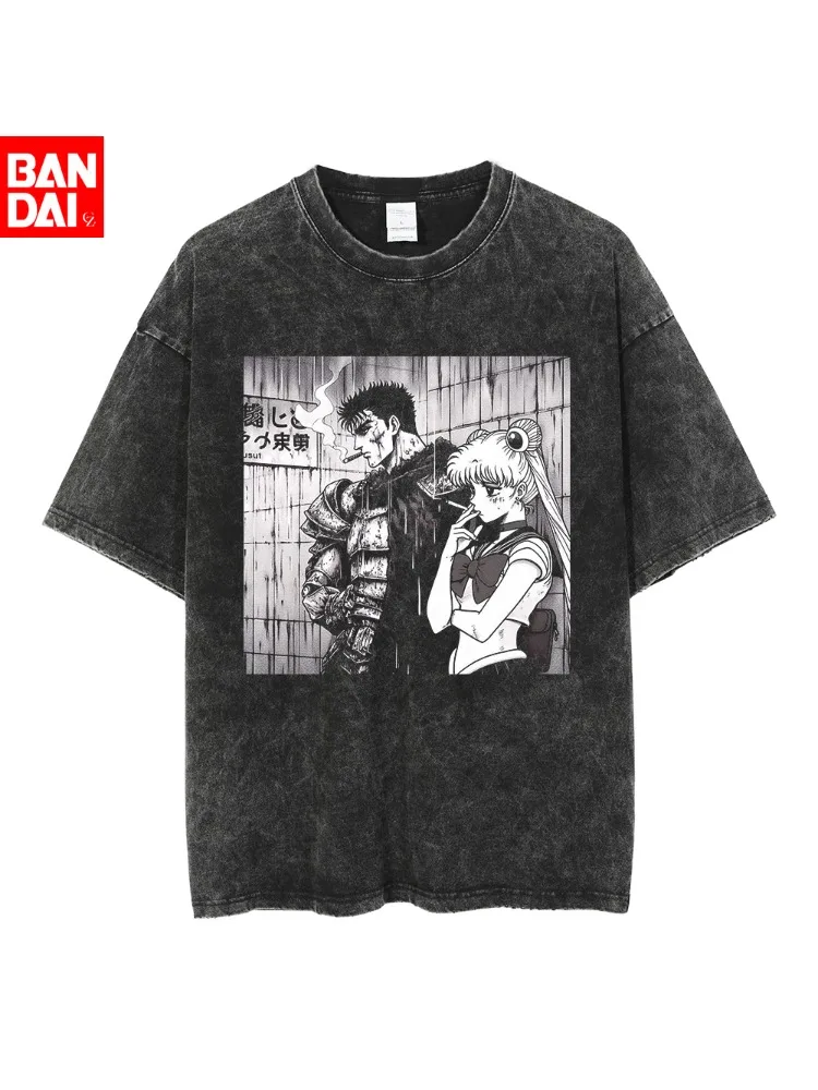 Vintage Washed Berserk T-Shirt für Herren und Damen Retro Anime Totenkopf Grafik Tees Übergroße Streetwear Baumwolle Kurzarm T-Shirts