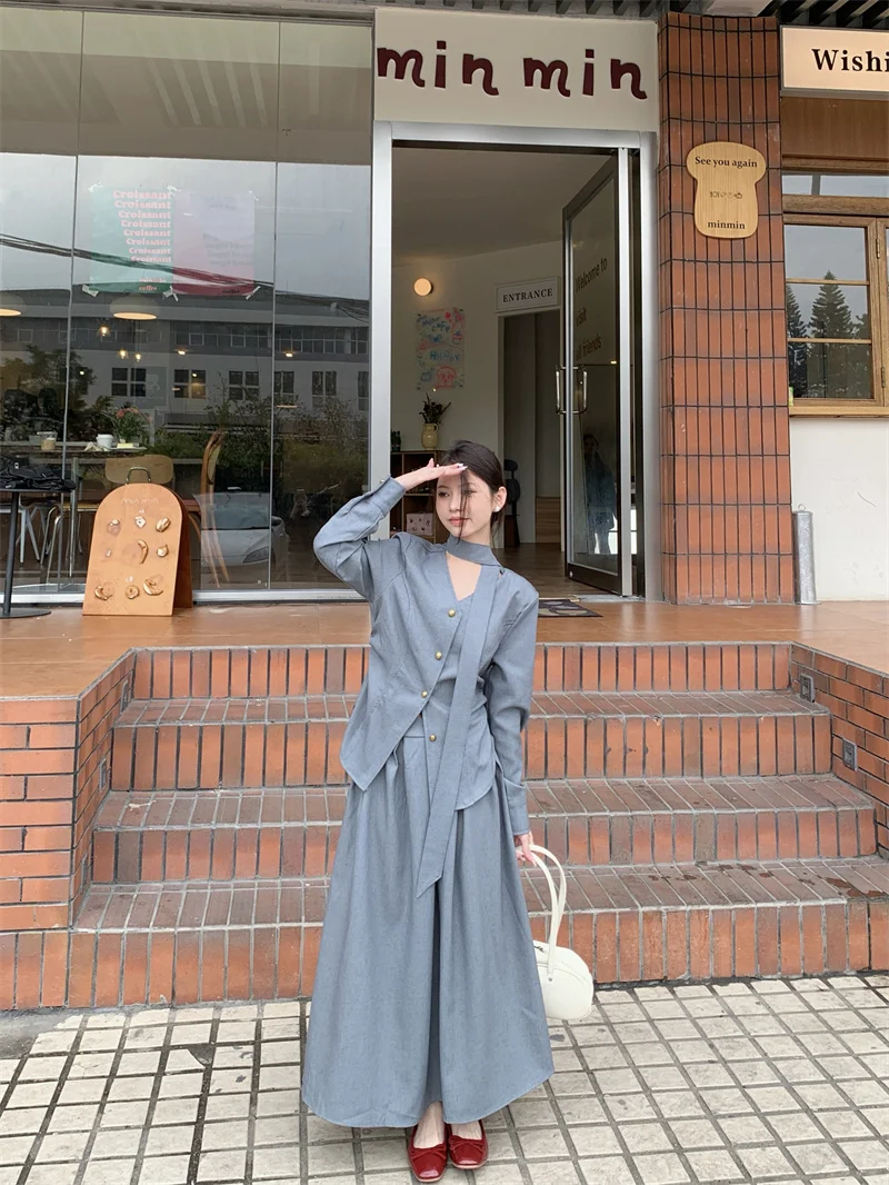 Saia de escritório feminina terno dinheiro velho y2k estética com decote em v chique assimétrico cinza camisa de manga longa cintura alta magro saia evasê