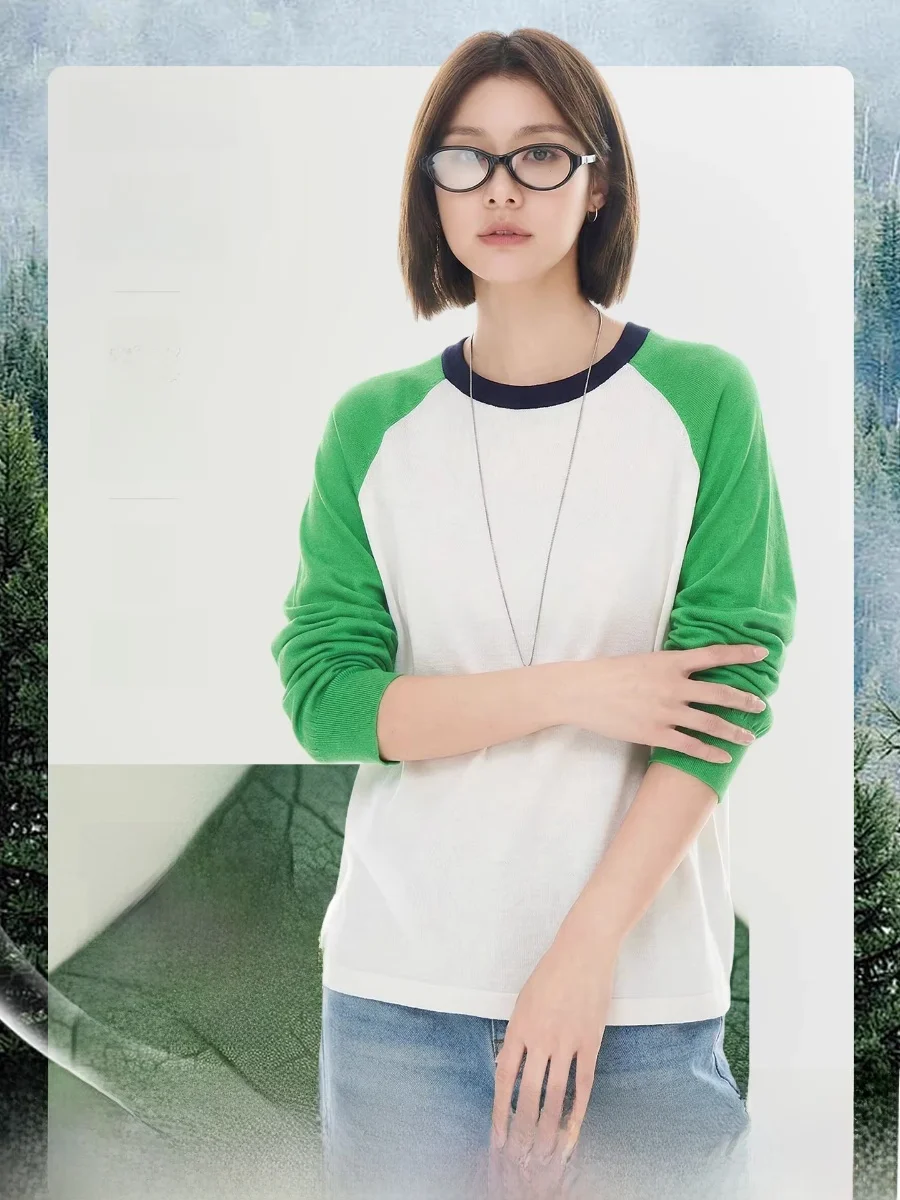 

Cloud Life Airy Knitwear Women's Loose Fit Long Sve T-irt Casual Sle oulder Sve Splicing Color Soft Lenzing Fabric