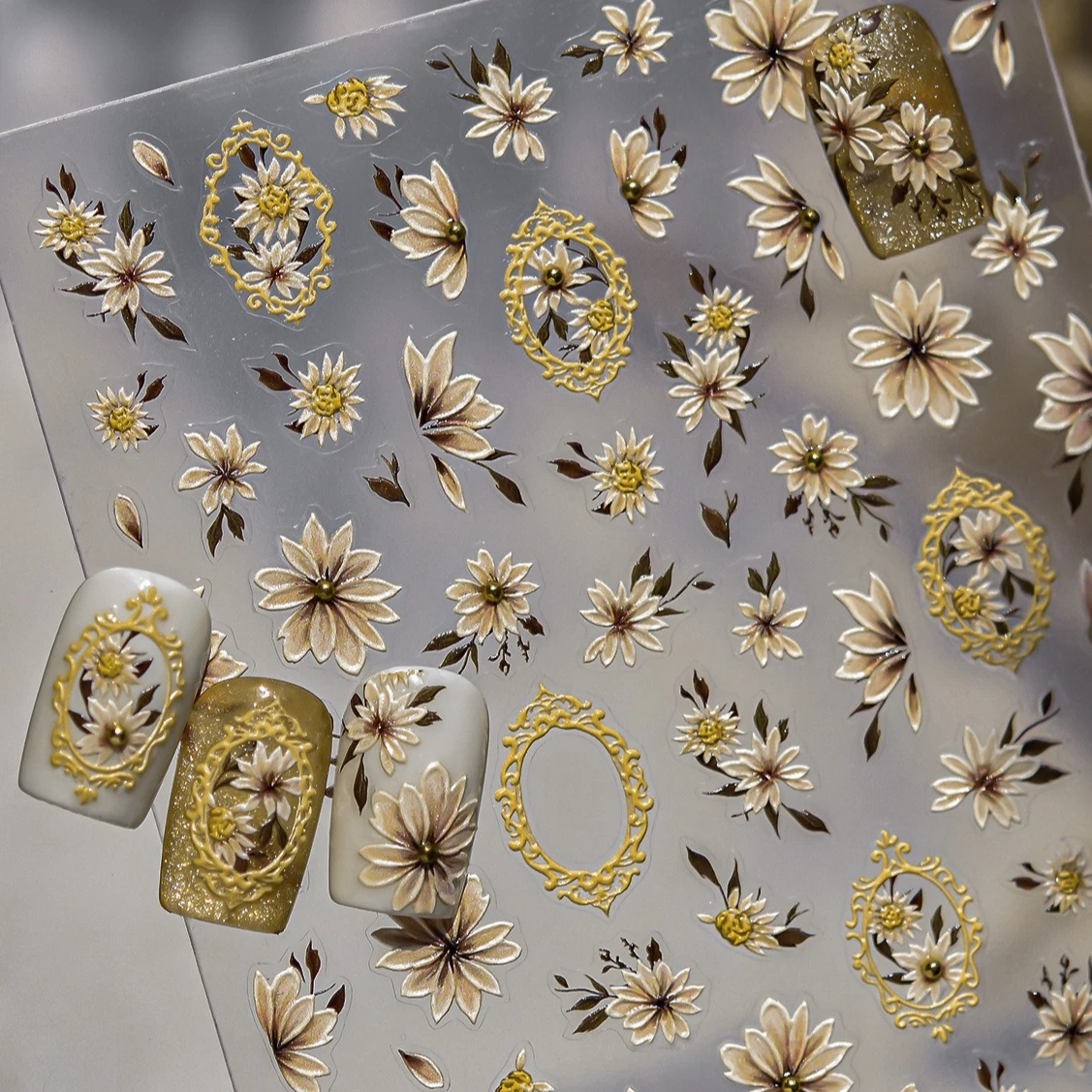 부드러운 꽃잎 데이지 빈티지 사진 액자 꽃 로맨틱 국화 금색 구슬 DIY 네일 아트 스티커 장식 매니큐어 데칼