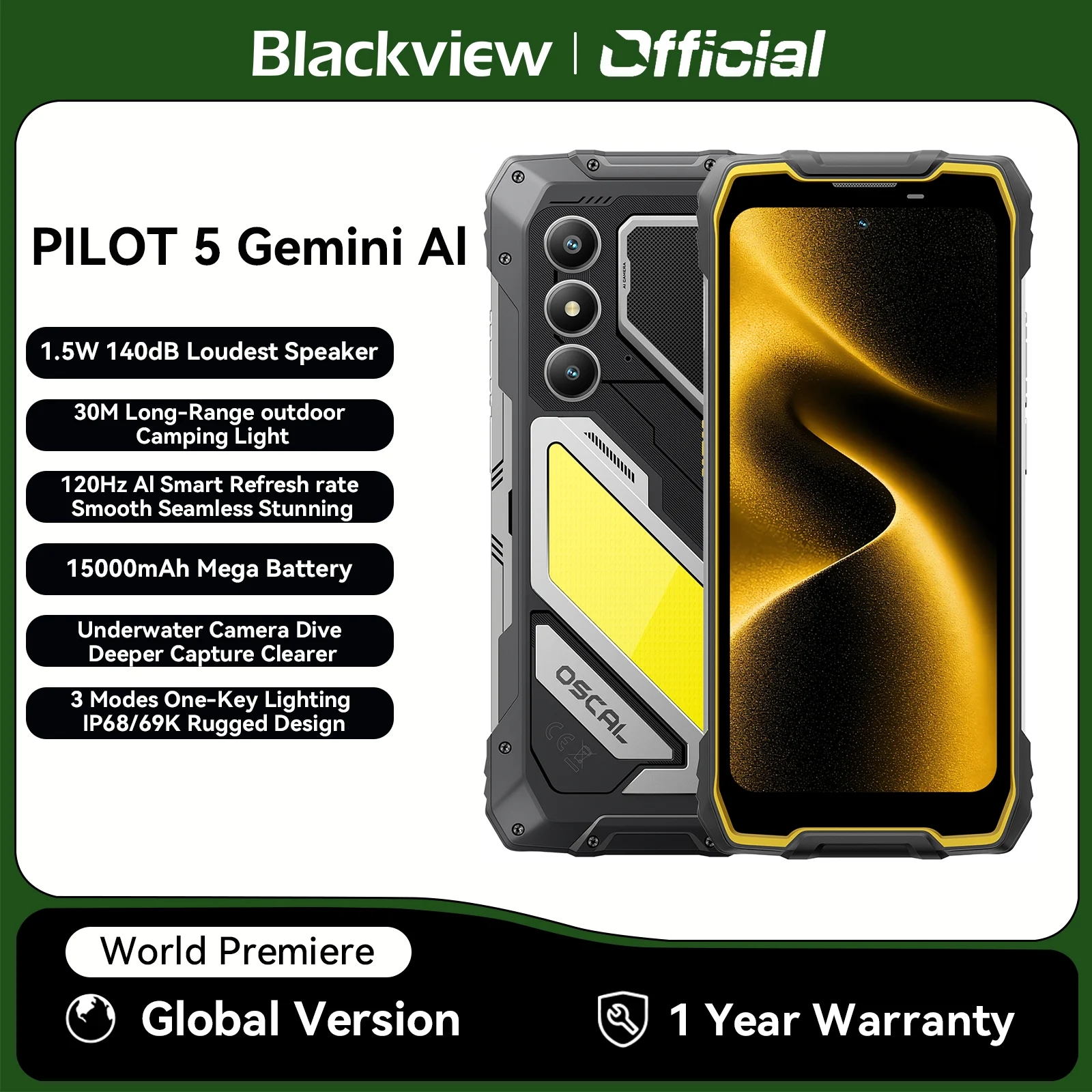Blackview OSCAL PILOT 5 5G mobile phones AI Rugged Smartphone UNISOC T8100 6.67" 2.4K Display 120Hz, 8GB 256GB, 15000Amh Phones