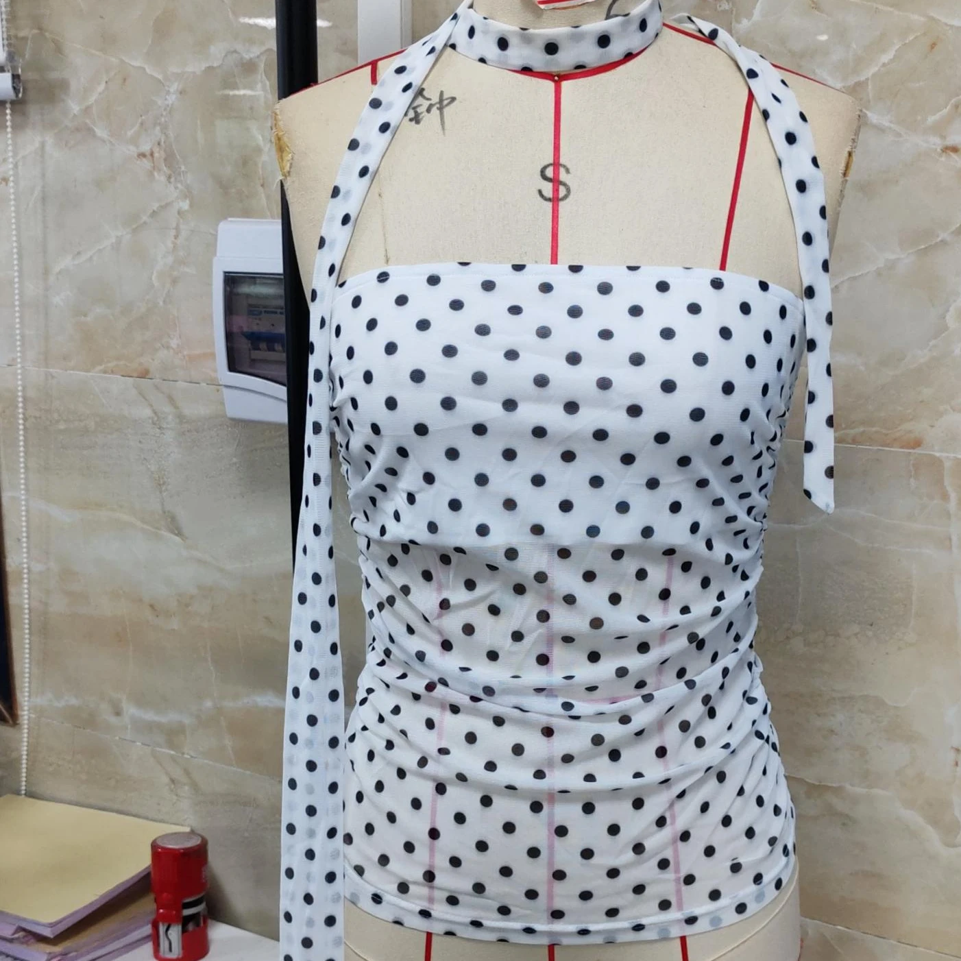 

Collection Women's Summer Strapless Tops Fashionable Dot Print Sleeveless Open Back Mesh Vest with Matching Scarf Set