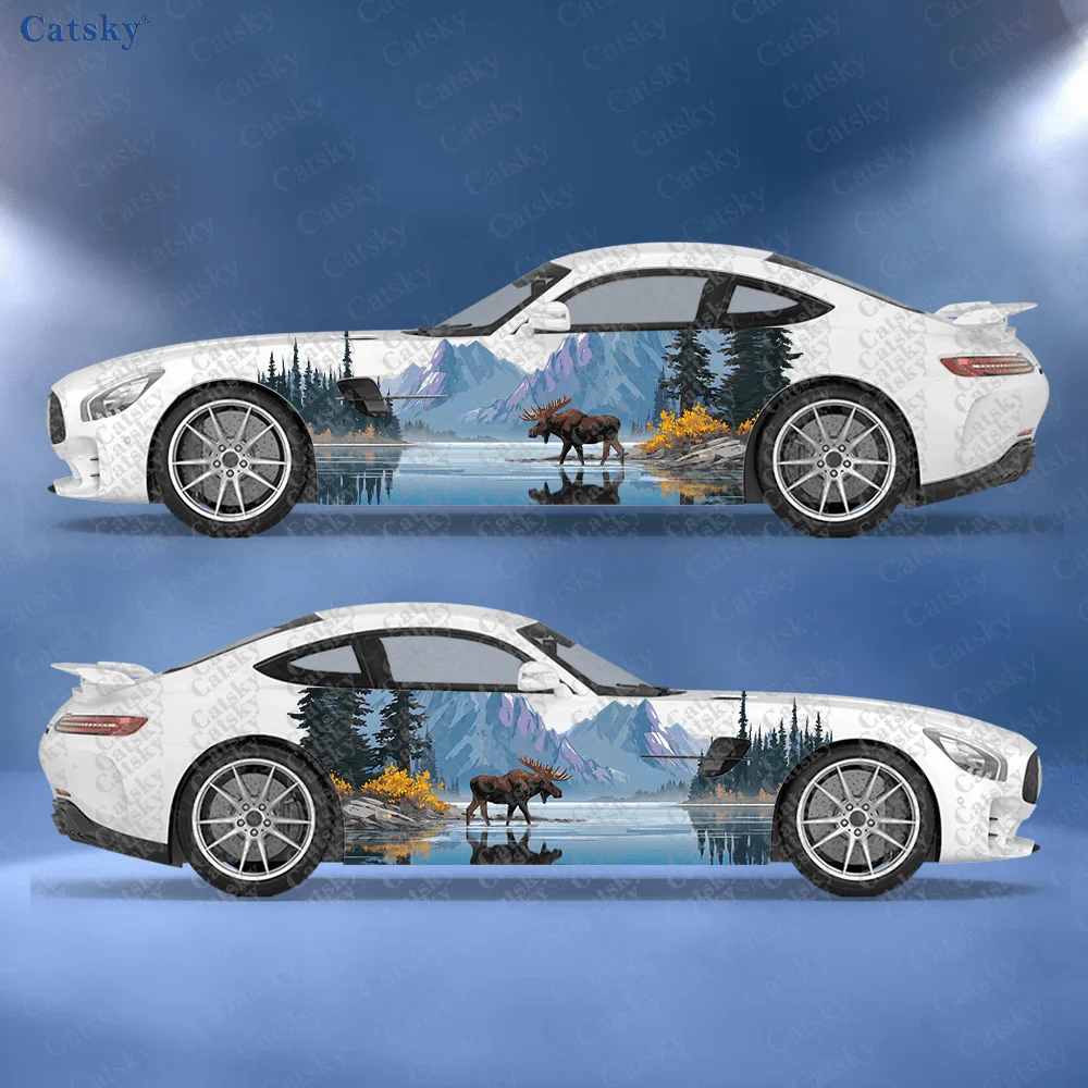 

2pcs Cedar Tree Scenery Moose Car Side Wraps, Self-Adhesive PVC Waterproof & Scratch-Resistant Stickers, Car Accessory Gift