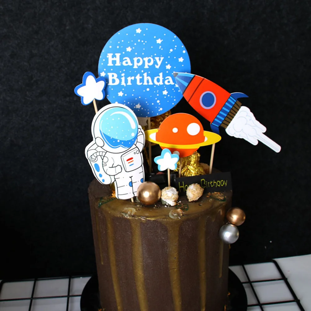 5 Set Cake Decorations Picks Cupcake Topppers Birthday Astronaut Spaceship Toppers