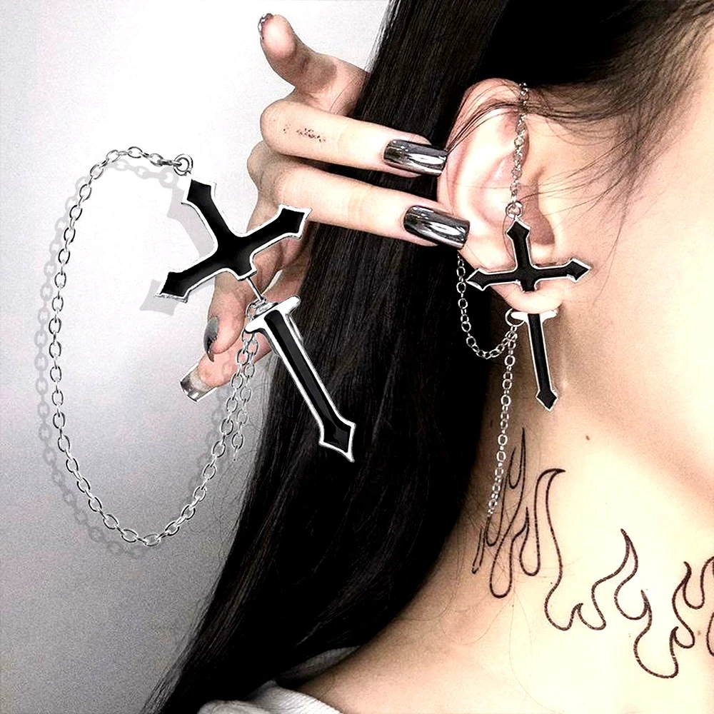 1Pc Vintage Black Cross Earrings For Women Hip hop Rock Piercing Chain Clip Earrings Girls Party Jewelry Gift