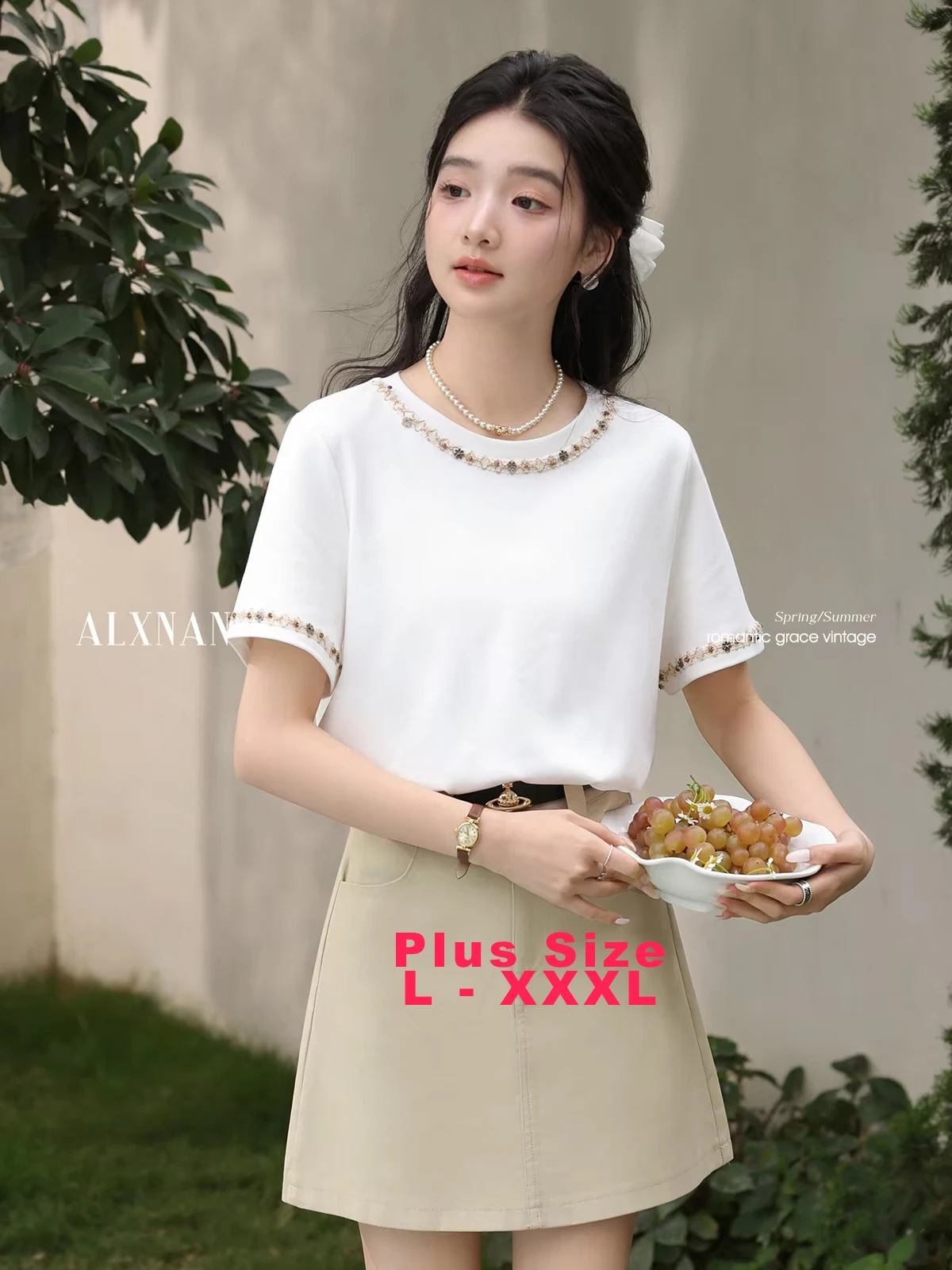 

ALXNAN Plus Size Women's T-shirt 2025 Summer White Short Sleeve Cotton T-shirt Casual Office Loose-fit Elegant Clothing D10266