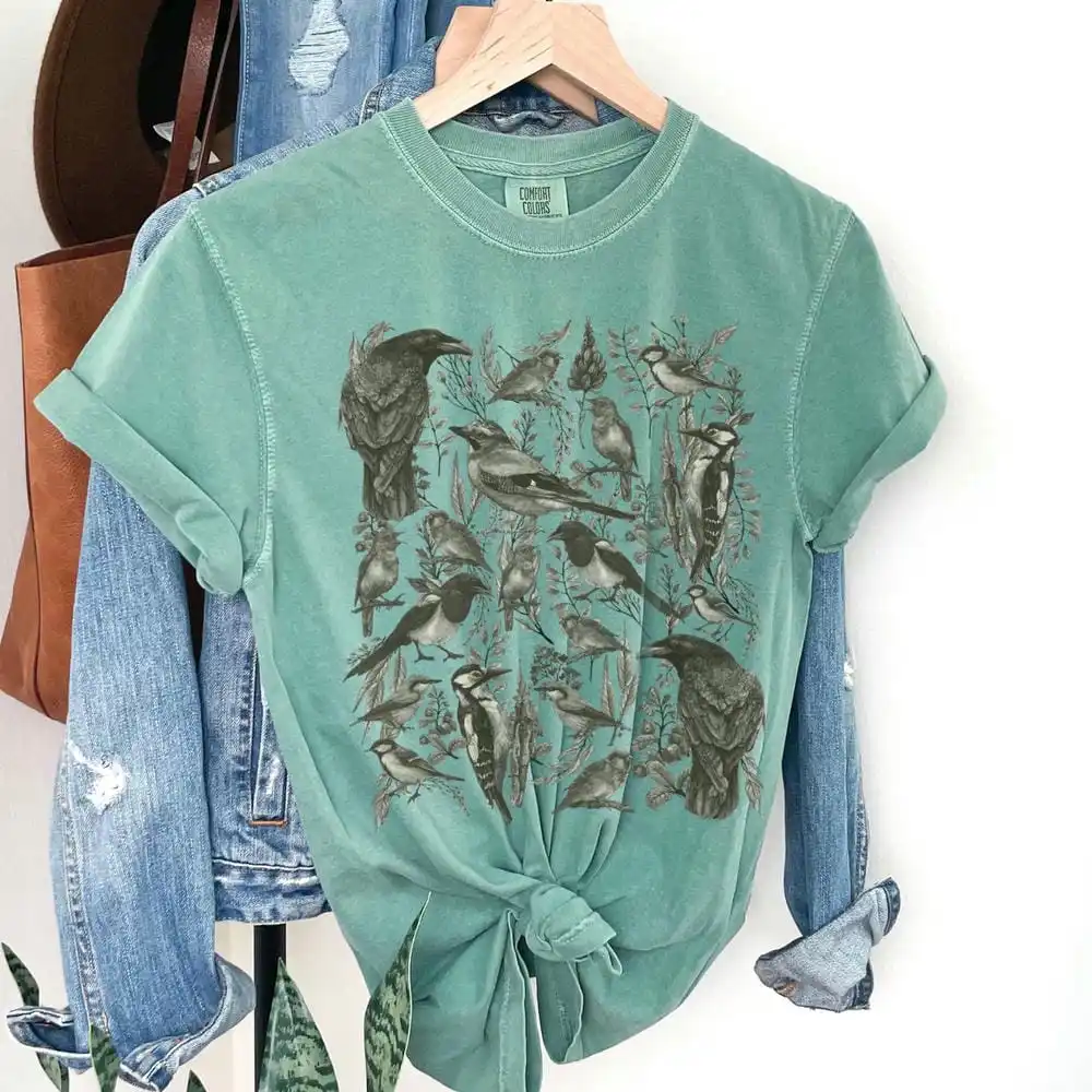 Vintage Boho Bird Cottagecore Unisex Tee Naturecore Nature Lover Gift for Mom Short Sleeve Apparel Trendy Y2K Casual Streetwear