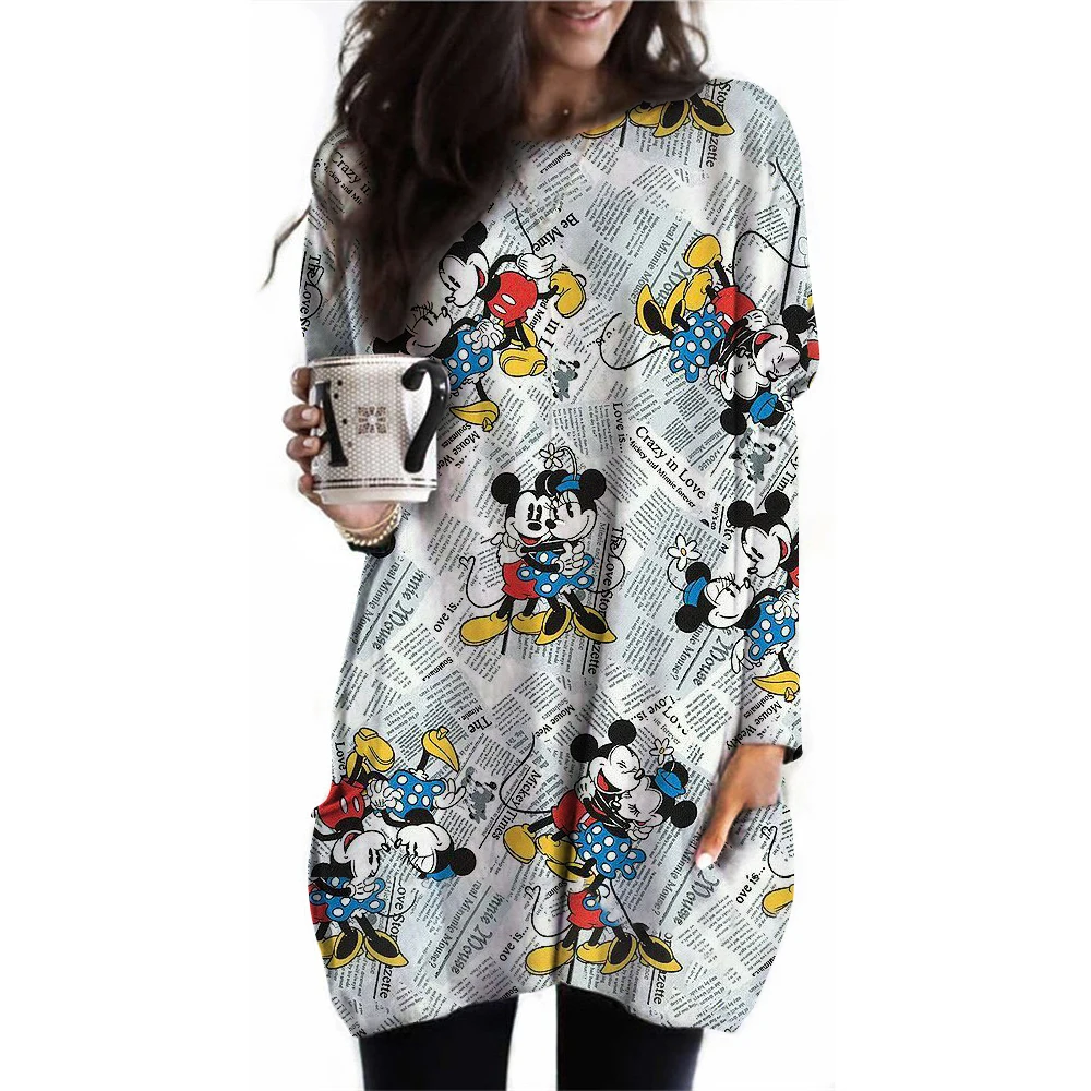 تي شيرت ديزني للسيدات ميكي ماوس بجيب مطبوع، توب بأكمام قصيرة، ملابس الشارع، متعة، Y2k، وجه كبير لموسم الربيع والخريف #6