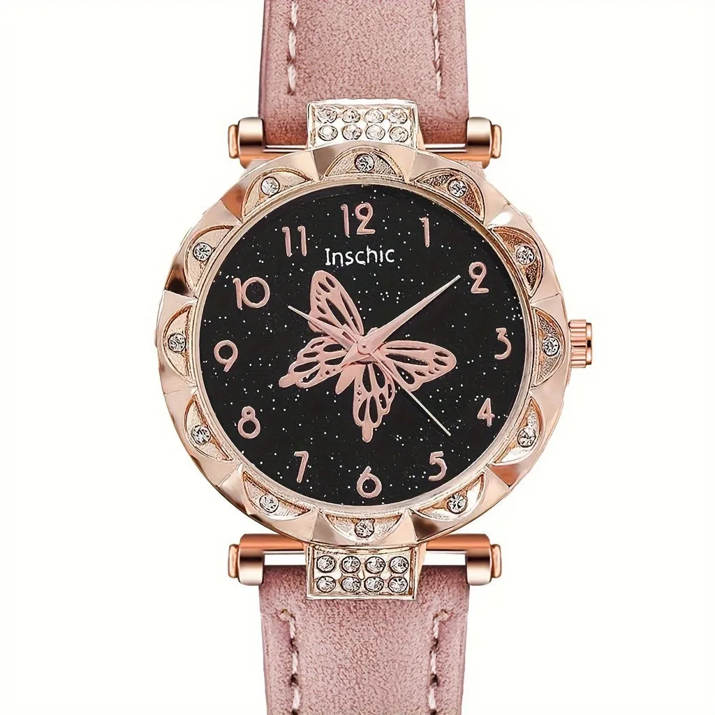 Kegllect ชุดนาฬิกาควอตซ์แบบเรียบผีเสื้อแวววาวของผู้หญิง4ชิ้น