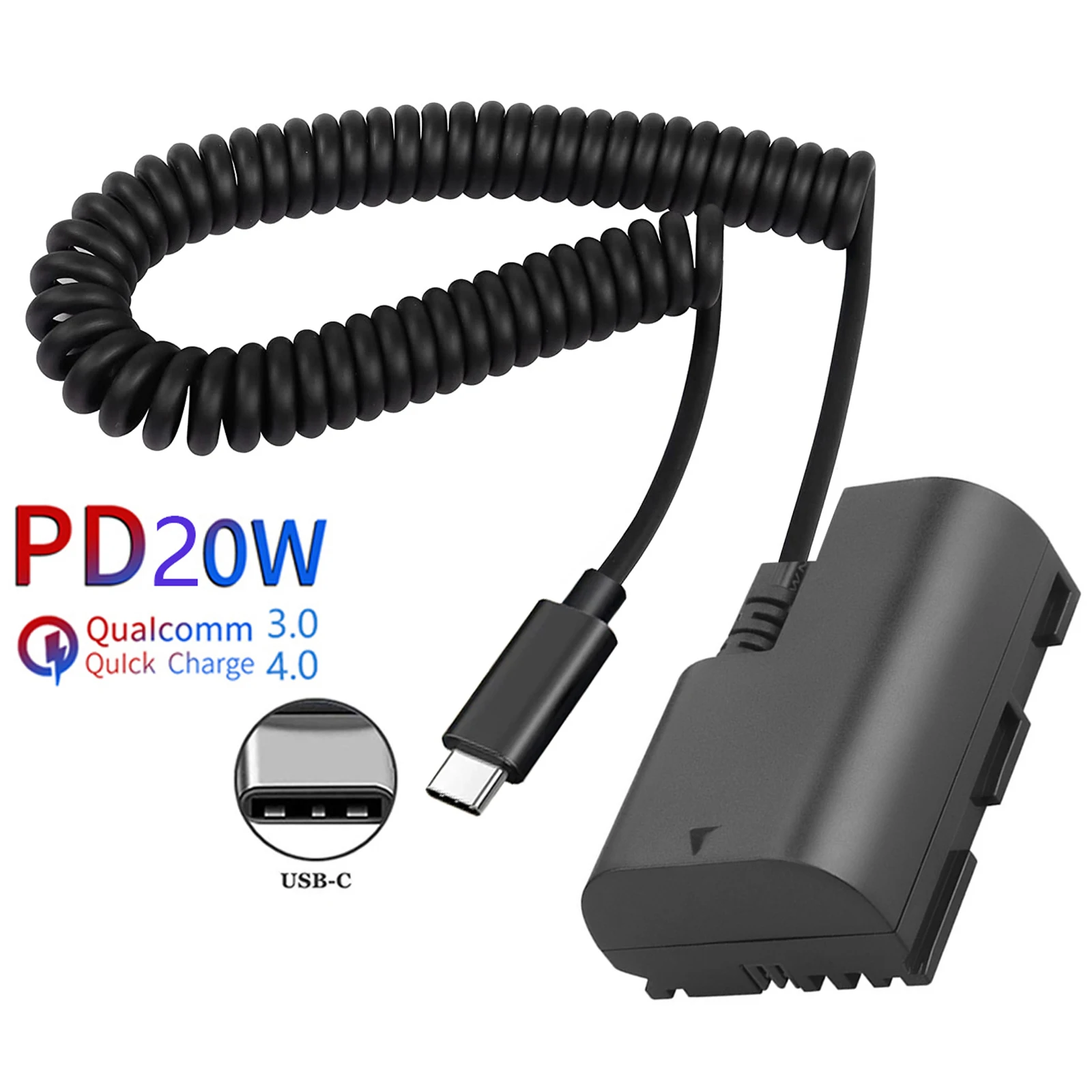 PD USB-C LP-E6NH LP-E6N Dummy Battery Coiled Power Cable For Canon Canon R5, R5 C, R6, R7, R, 5D II/III/IV, 6D, 6D II, 7D, 7D II