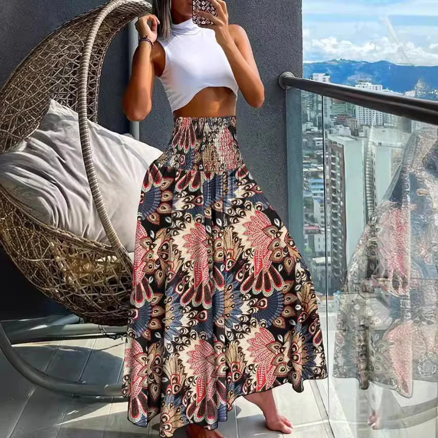 Women\'s Half Skirt Retro Printed Summer Dress New High Waisted A-line Large Hem Half Body Casual Skirt Flower Half Body Skirt