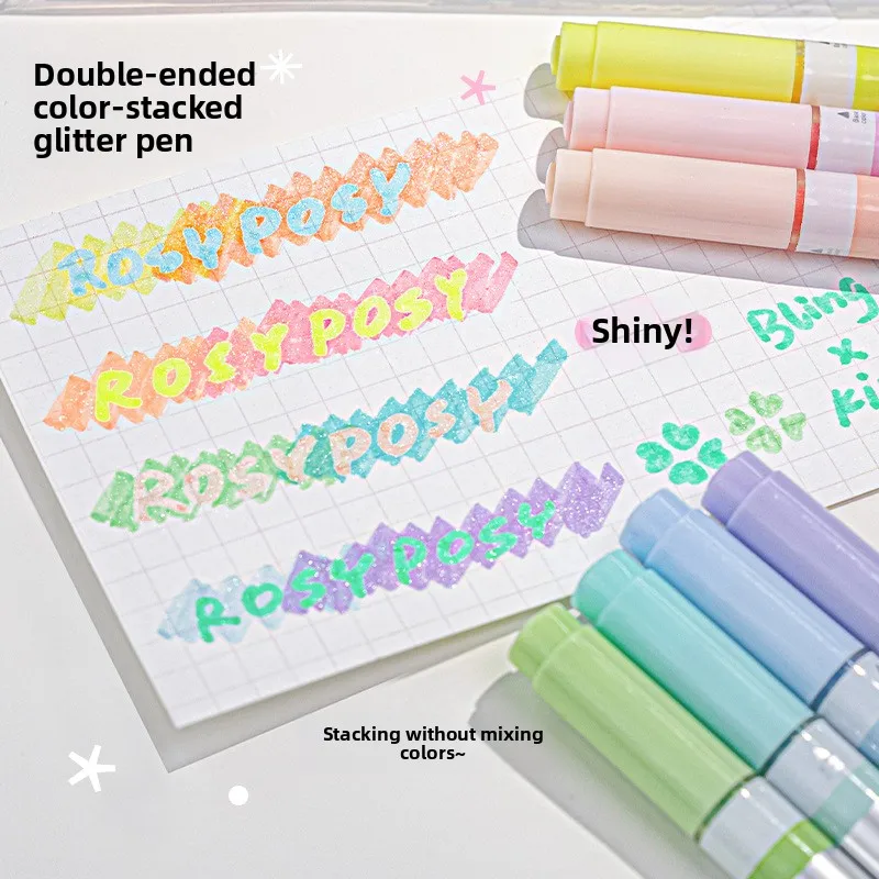 

4pcs/set Dual-Tip Shimmering Highlighter Pen Blendable Glitter Colors Double-Ended Design Marker Pen for School Art Supplies