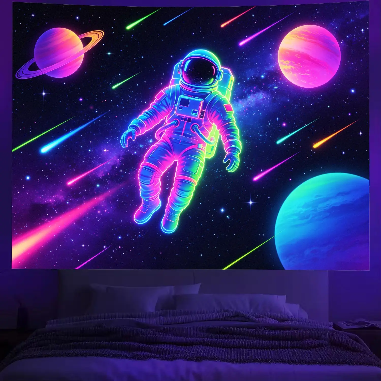 VIKAMA Black Light Neon Astronaut Tapestry, Sci-Fi Space-Themed Wall Decoration for Bedrooms and Halls of Residence