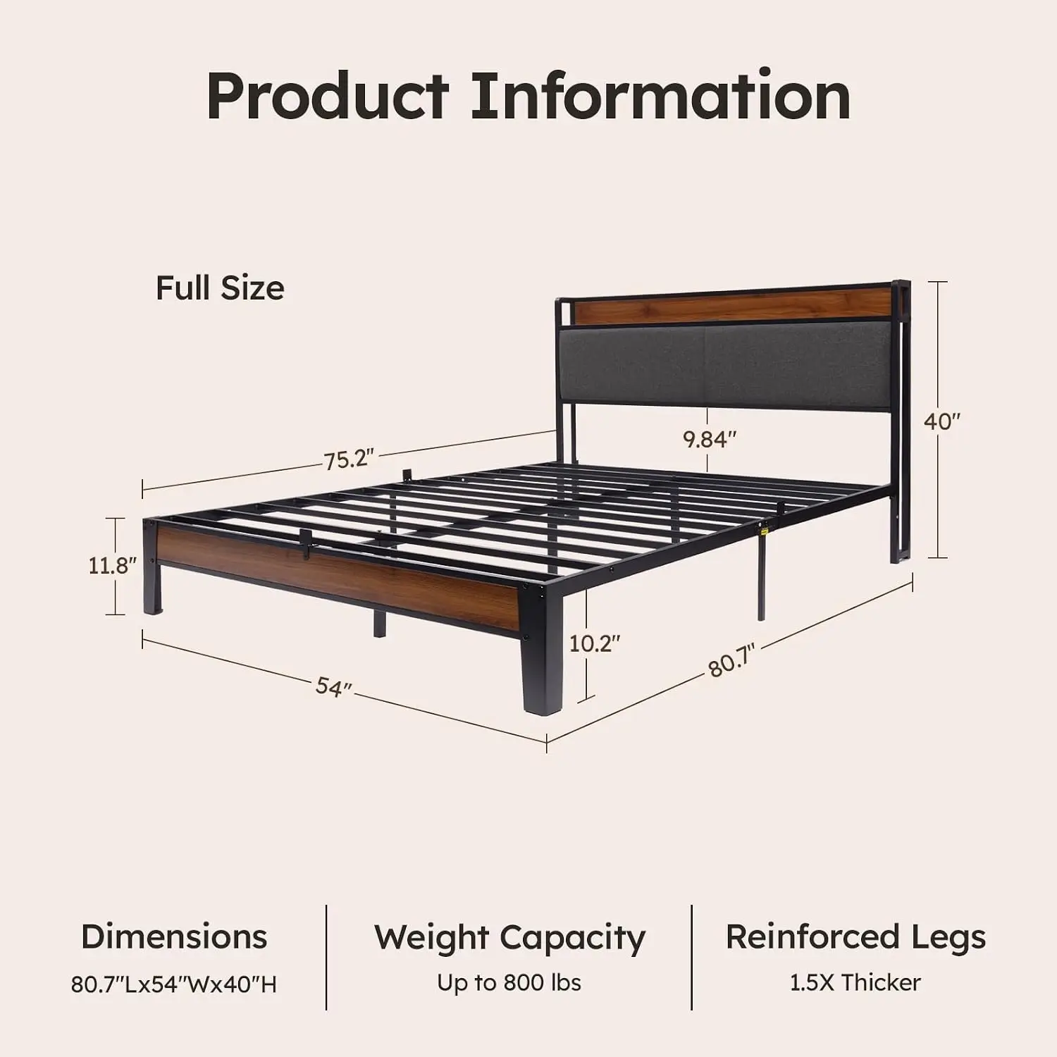 Full Bed Frame Storage Headboard Charging Station Upholstered Metal Frame Noise Free No Box Spring, Customized