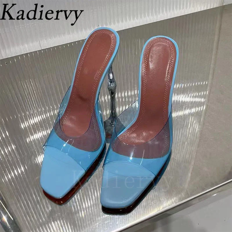 Sexy High Heels Slippers Women Candy Color PVC Summer Shoes Woman Square Peep Toe Slides Thin Heels Runway Sandals Woman