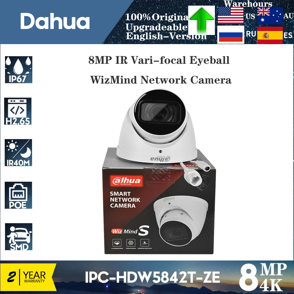 

Original Dahua EPTZ IPC-HDW5842T-ZE-S3 8MP IR Vari-focal Eyeball WizMind Network Camera Smart Ai AcuPick ePoE Face Detection