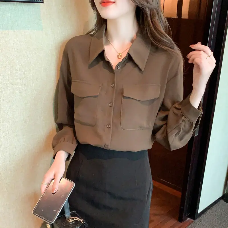 POLO Collar Chiffon Shirt for Women's Spring Autumn 2024 New European Fashion Coffee Color Long Sleeved Base Shirt Top