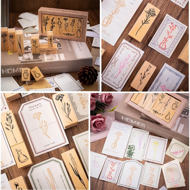 8 Pieces Vintage Decorative Wooden Rubber Stamp Plant Wooden Rubber Stamps for Scrapbooking Dairy Card Making Gift Wrap