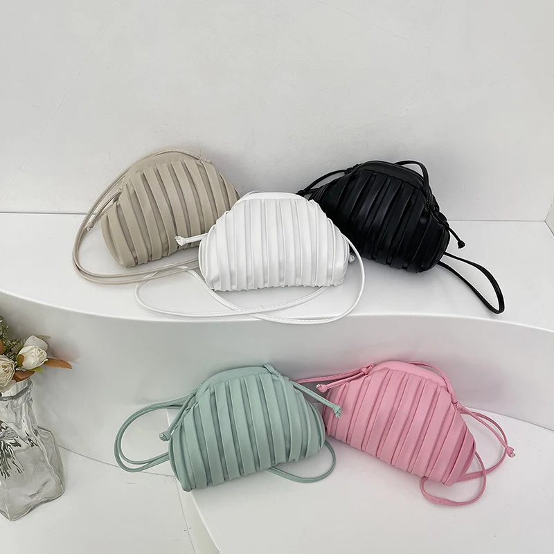 2024 New Fashion Pleated Striped Handbag Clutch Bag For Lady Pink Crossbody Phone Bag Top Quality Leather Female Bag Clip Purse