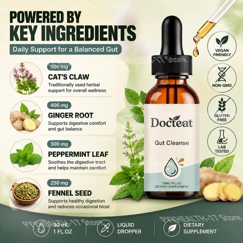Gut Cleanse Drops with Cat's Claw Ginger Peppermint and Fennel Herbal Blend for Daily Digestive Balance Support 30ml