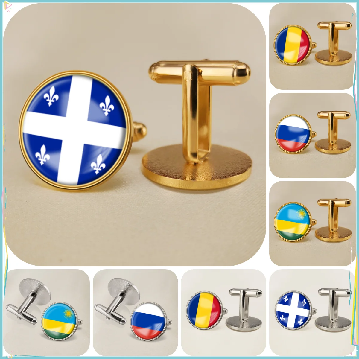 Quebec Romania Russian Federation Rwanda National Emblem Flag Cufflinks