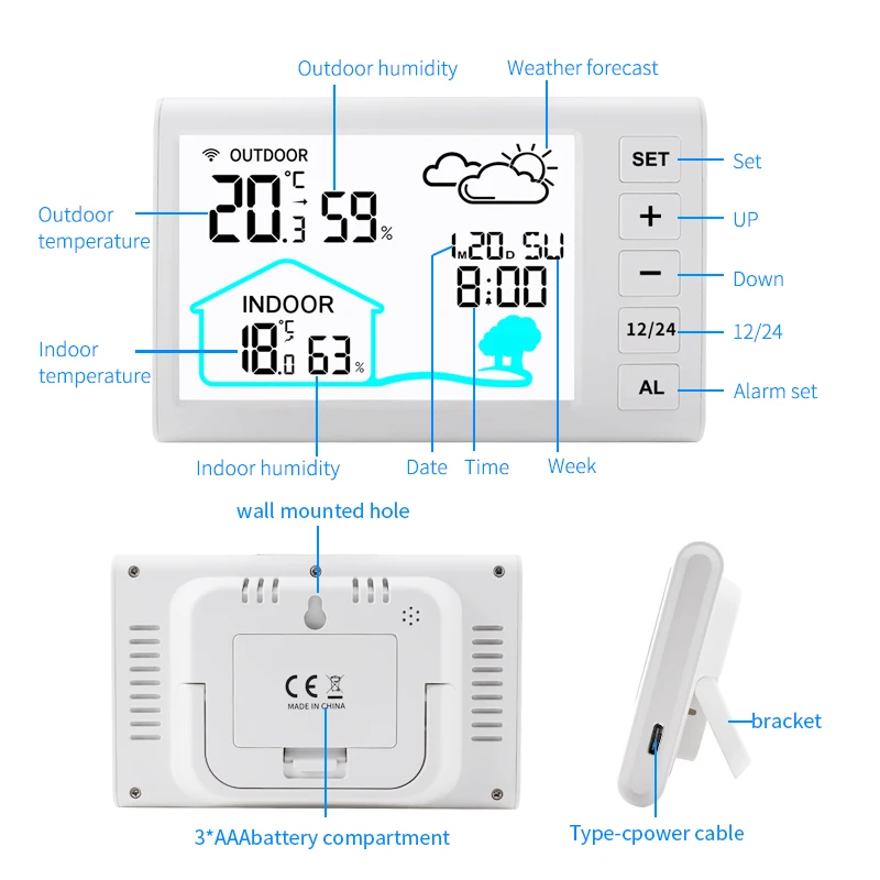 Multi-function Weather Station Alarm Clock LCD Wireless Thermometer Hygrometer Digital Hygrothermograph Outdoor Forecast Sensor