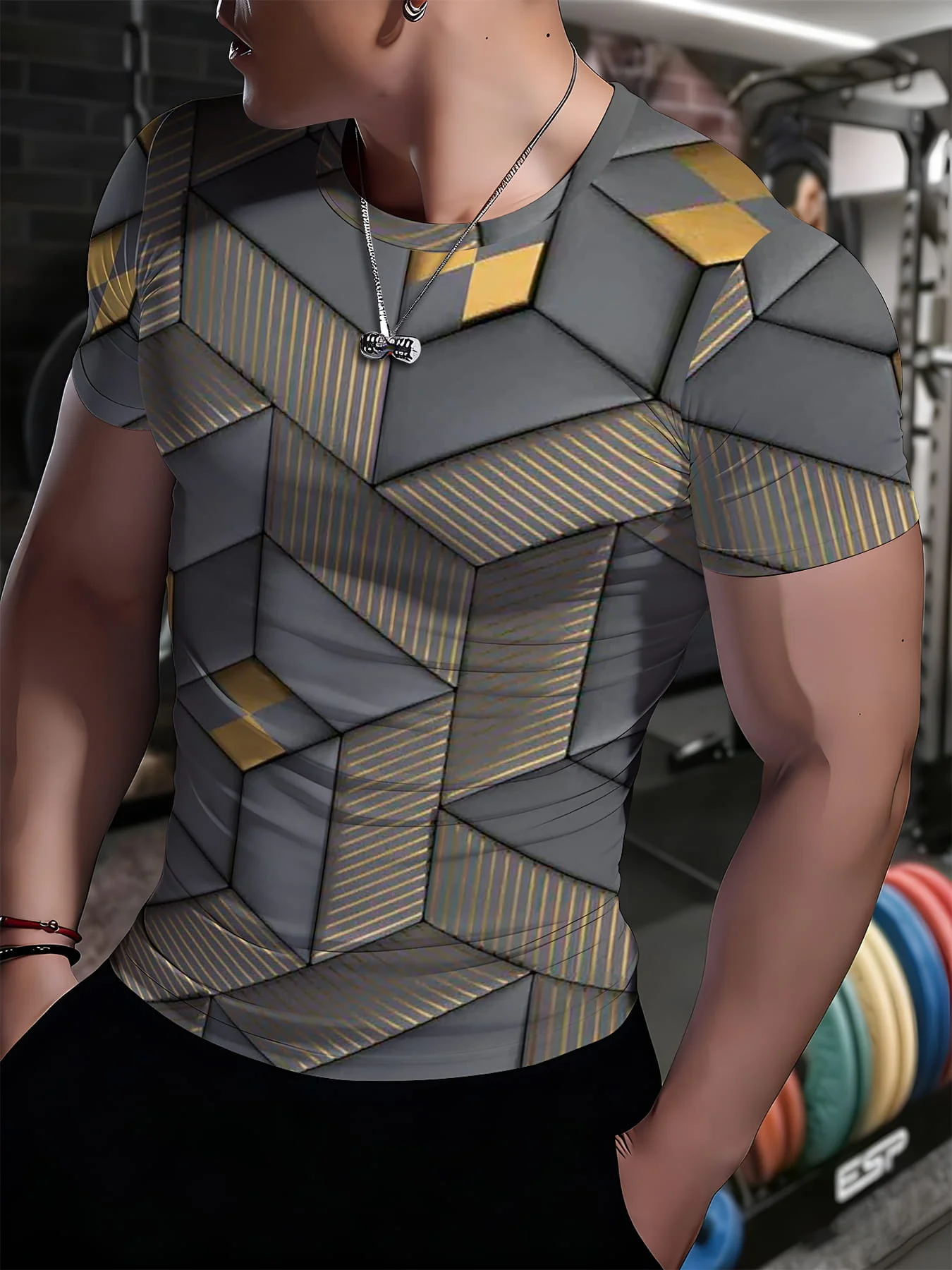 Men Compression T-Shirt Quick Dry High Elastic 3D Geometric Block Print Short Sleeve Workout Top