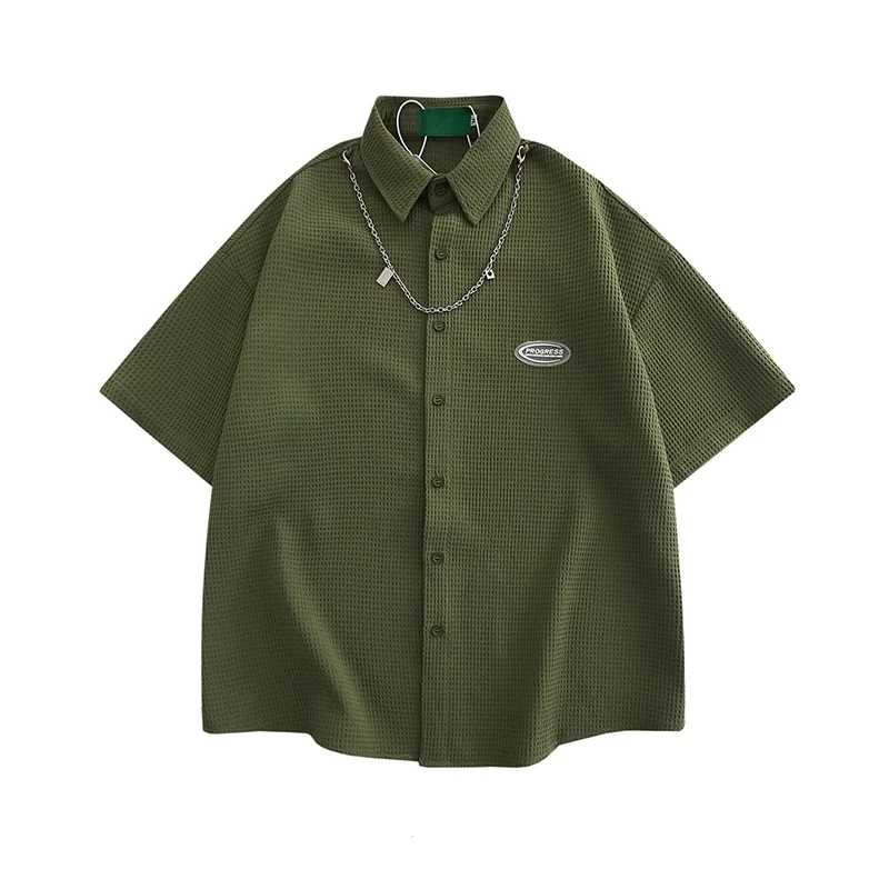 

American Sle Wfle Pattern ort Sve irt Men's Summer New Retro Japanese Brand Casual Oversize Couple's irt