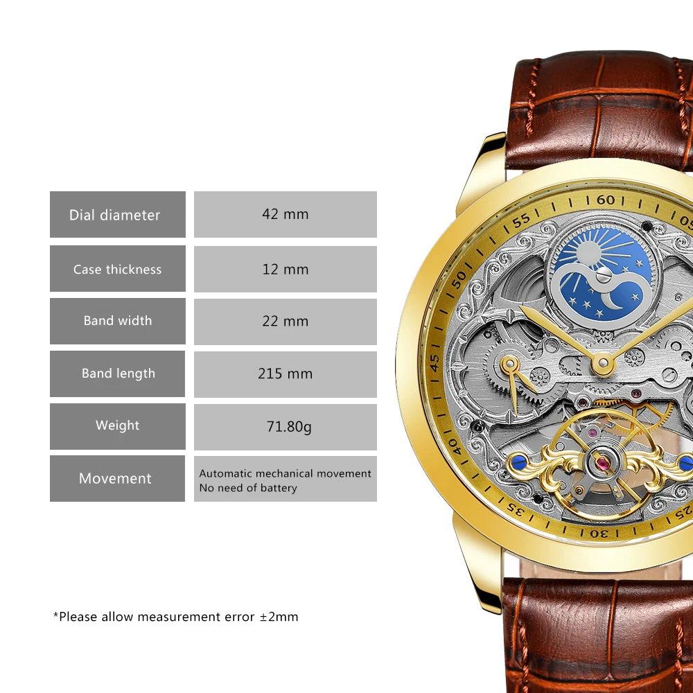 Forsining Retro Moon Phase Skeleton Automatic Watch for Men Luxury Brand Tourbillon Gold Mechanical Watches Brown Leather Strap