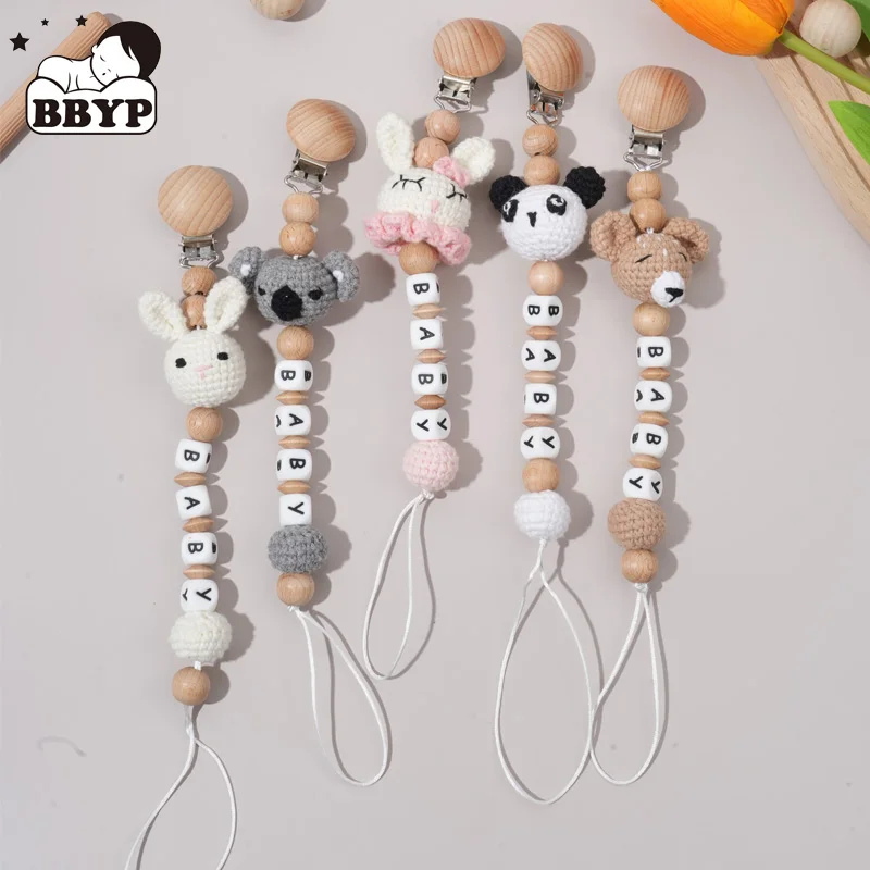 Baby Custom Name Crochet Animal Bear Ring Pacifier Clips Safe Teething Chains Teether Eco-friendly Dummy Beech Clips Holder