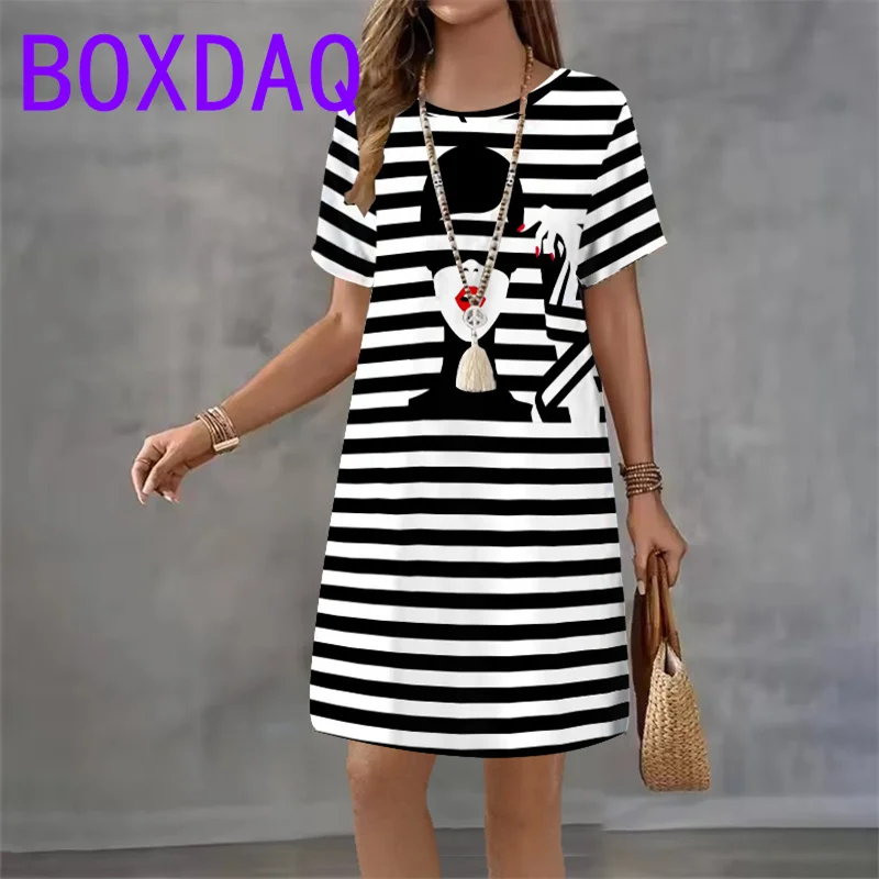 

Классические женские платья в полоску в стиле ретро с принтом, лето 202, повседневное модное платье с коротким рукавом и круглым вырезом, свободное платье трапециевидной формы, женский сарафан