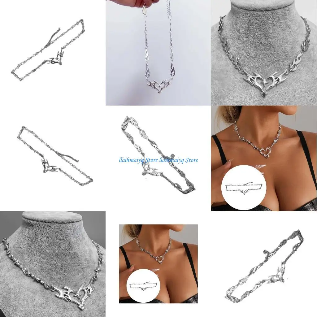 

573B Hollow Out Heart Necklace With Thorn Flame Design For Cool Hip Hop Fashion Wear Stainless Steel Collarbone Chain