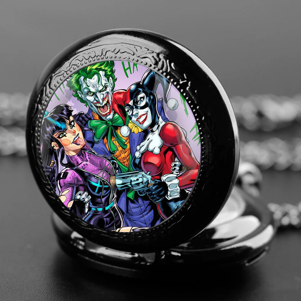 Joker Themed Glass Dome Quartz Pocket Watch Classic Arabic Numeral Dial with Durable Chain for Men Creative Gifts