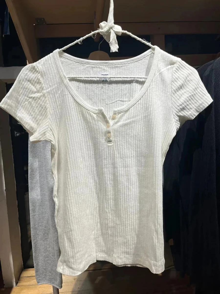 

Button White Ribbed Slim Basic T-shirts Women Simple Casual O-neck Cotton Soft Short Sleeve Tees Chic Vintage Sweet Crop Tops