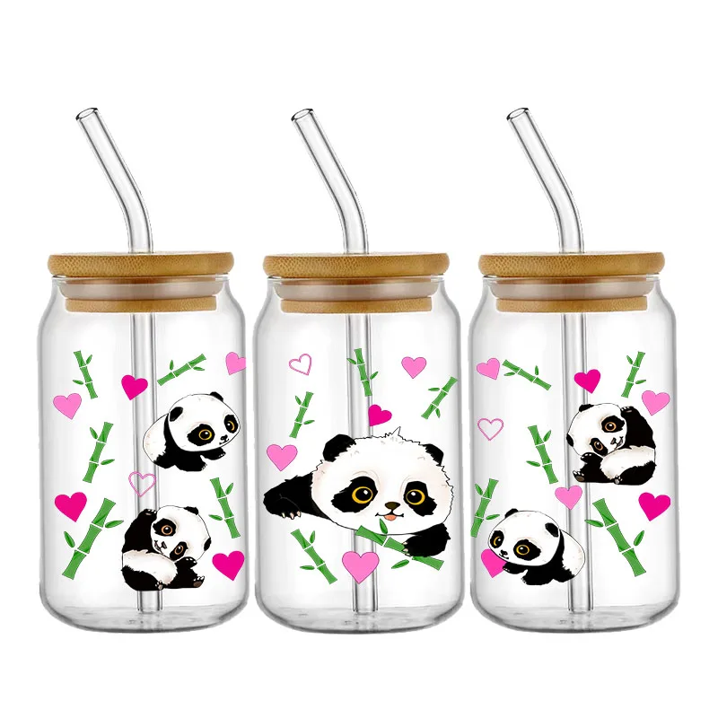 Hewan Panda kura-kura UV cangkir DTF bungkus stiker Transfer untuk 16OZ Kaca Libbey dapat botol Selfadhesive dapat dicuci DIY sesuai pesanan