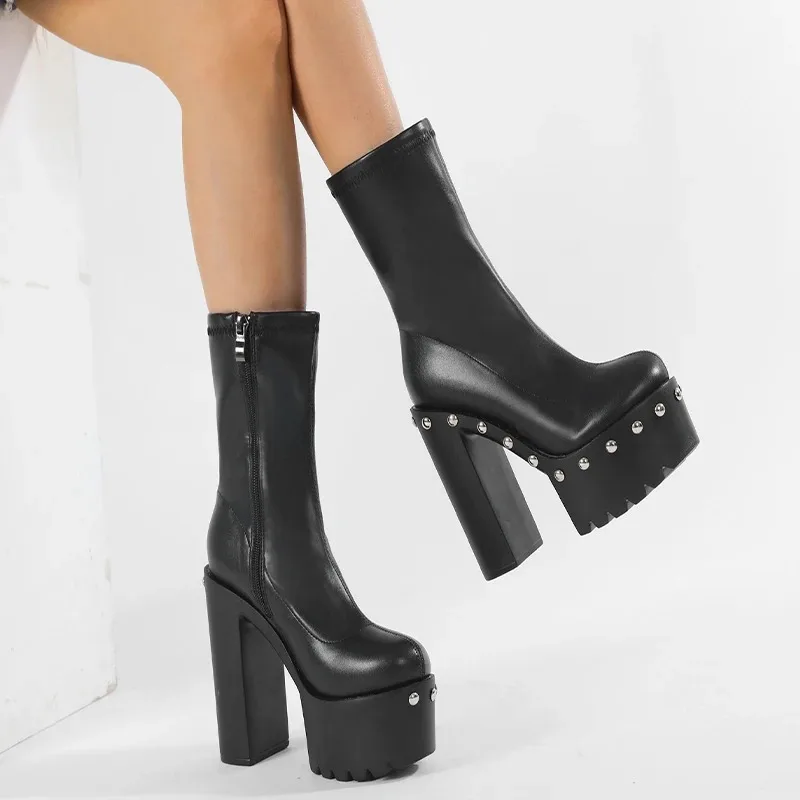 14cm Heeled Platform Ankle Boots Woman Round Toe Autumn Shoes Punk Chunky Motorcycle Boots Big Size 43 Ladies High Heels