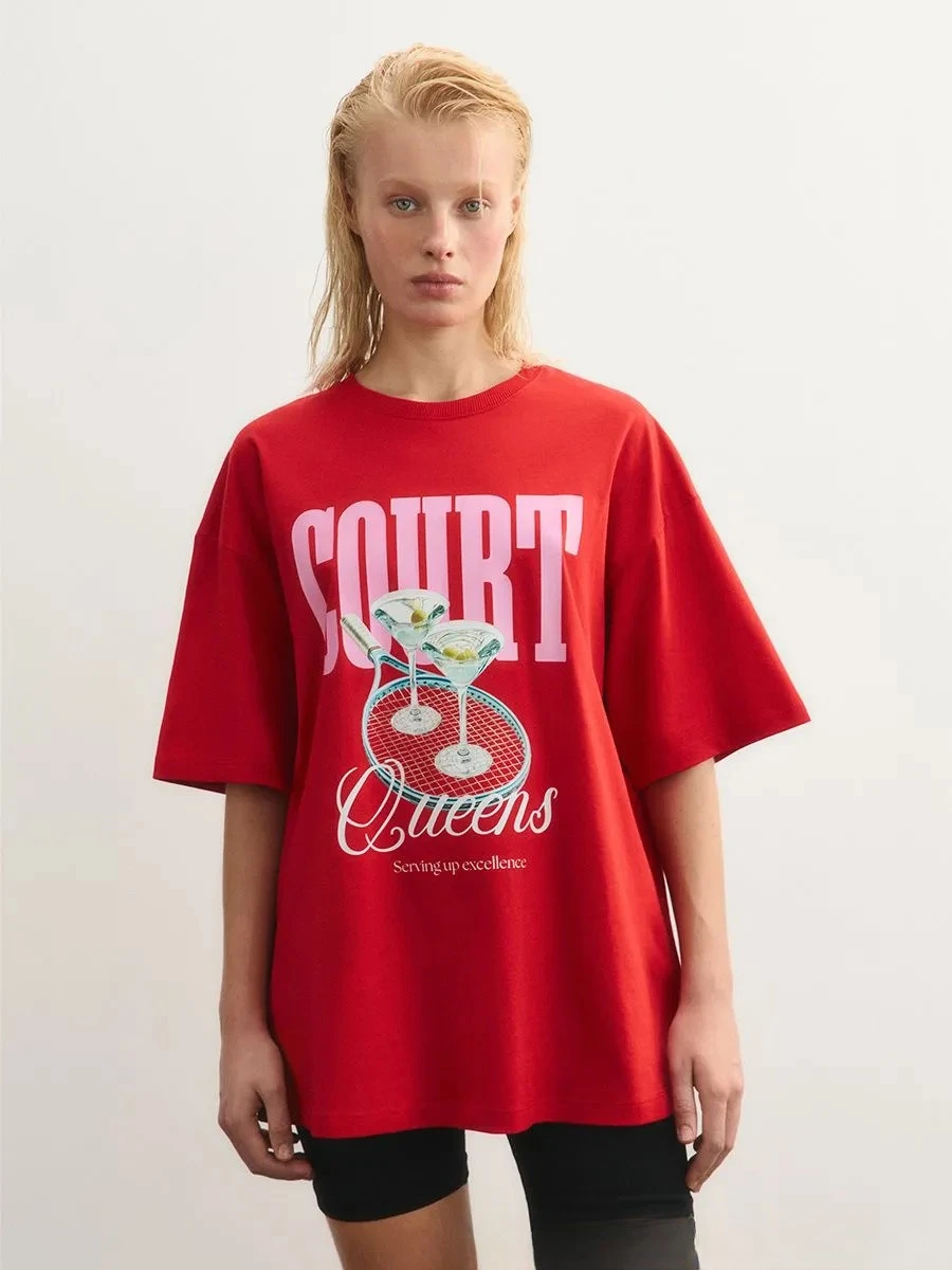 2026 Summer New 100% Cotton Women's Short Sleeve T-Shirt American Lazy Style Reducing Age Printed Oversized Chic Casual Top