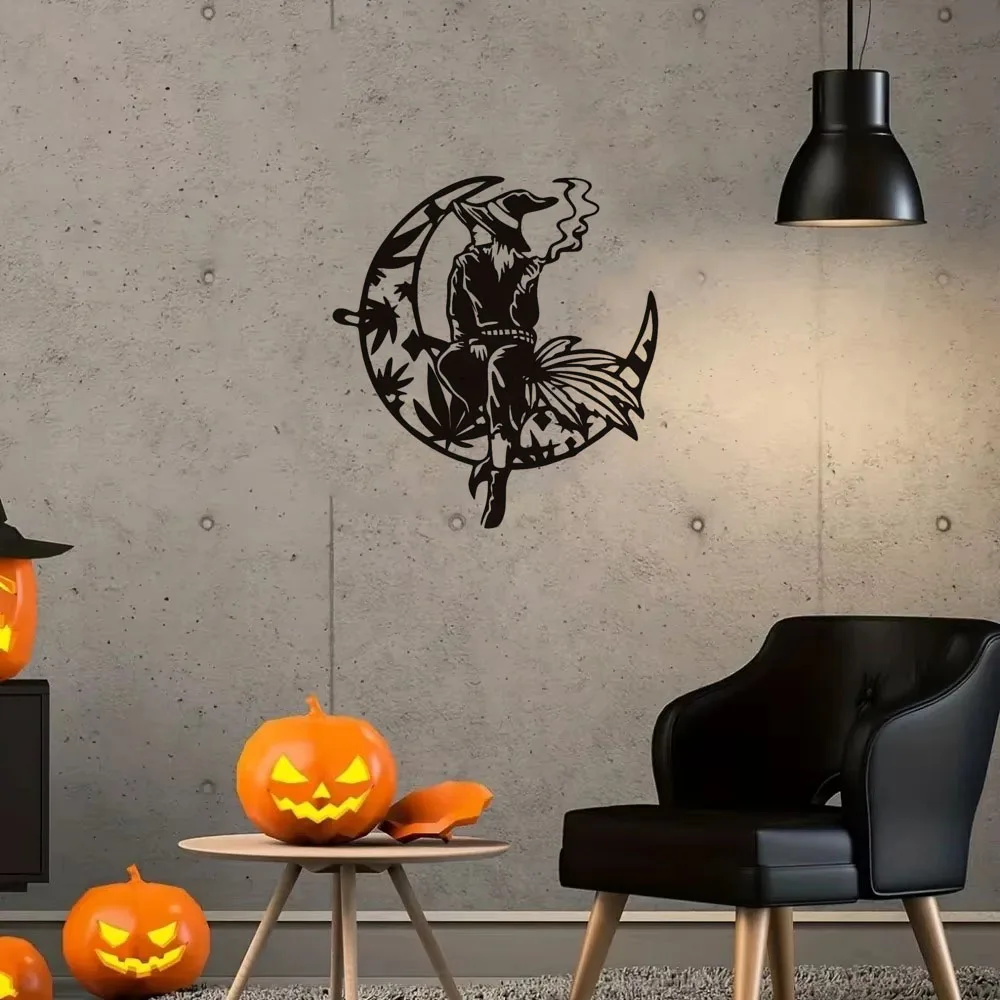 

1pc Elegant Black Halloween Moon Metal Wall Art: Sophisticated Witchy Weeds Decoration for Home, Living Room, and Kitchen