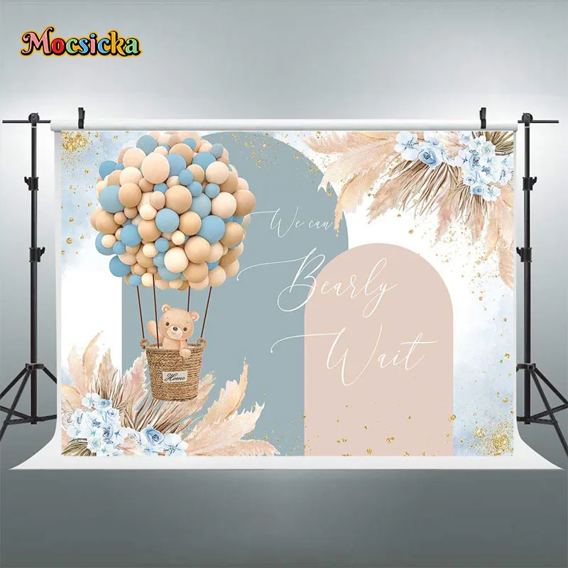 Mocsicka  Baby Shower Backdrop Cute Bear Balloon Boys Welcome Party Decor Background We Can Wait Banner Photo Studio Poster