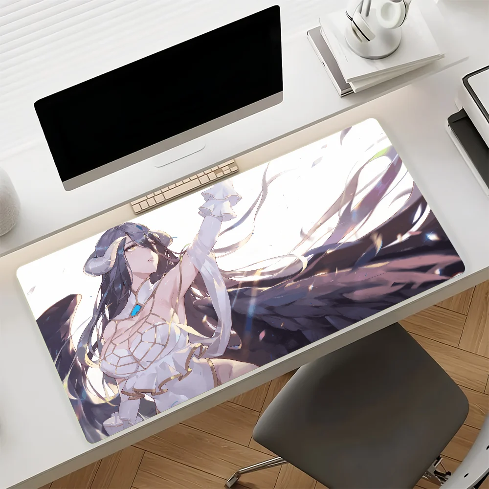 Light Grey Tone Winged Anime Lady Gaming Mouse Pad, Non-Slip Rubber, Waterproof Stitched Edge, Extended Desk Mat for PC, Laptop