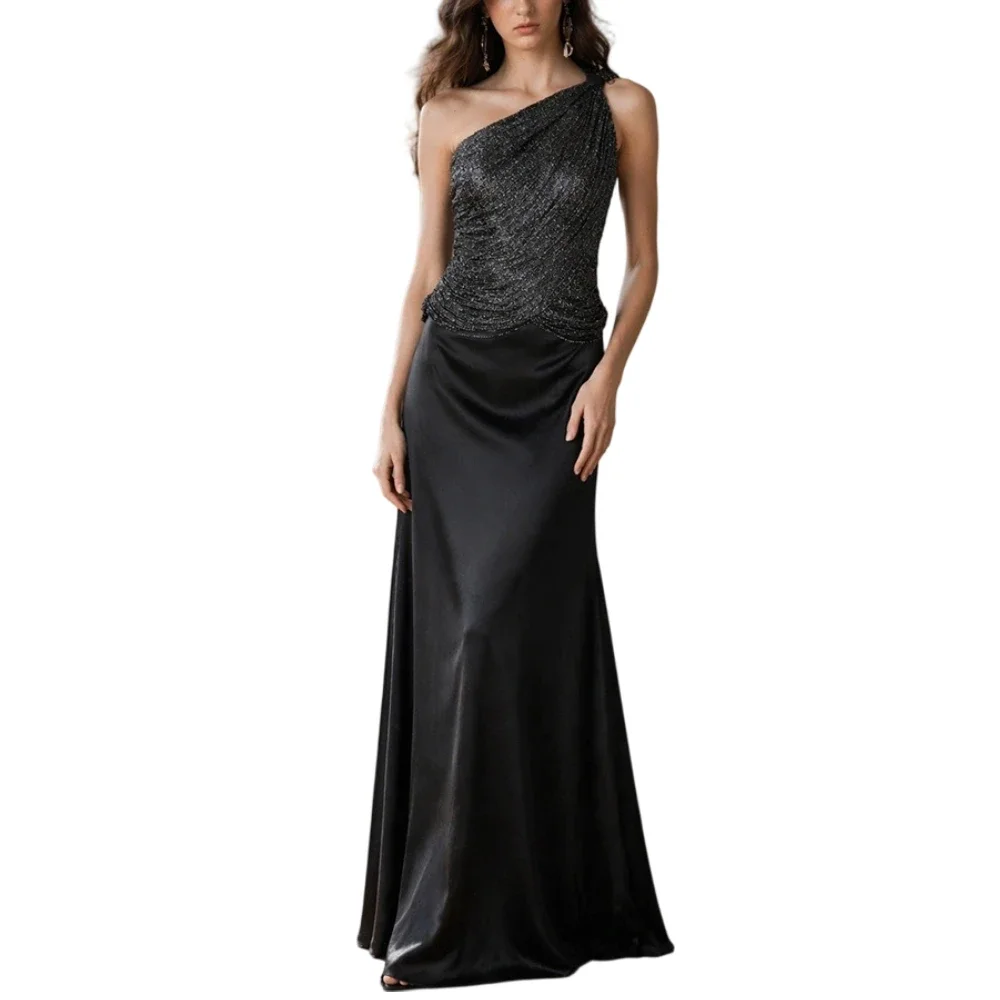 

Elegant Two Piece Set One Shoulder Metallic Top Satin Maxi Skirt Gown Women Dinner Party Wedding Guest Formal Prom Dresses