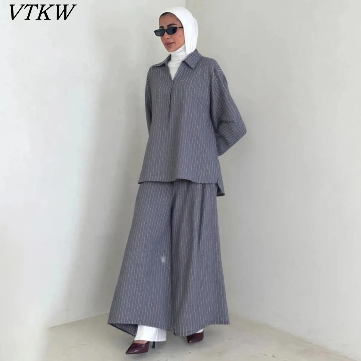 

VTKW Women’s 2025 Designer Casual Collar Striped Long Sleeve Blouse High Waist Wide Leg Pants Spring Summer Lightweight Set