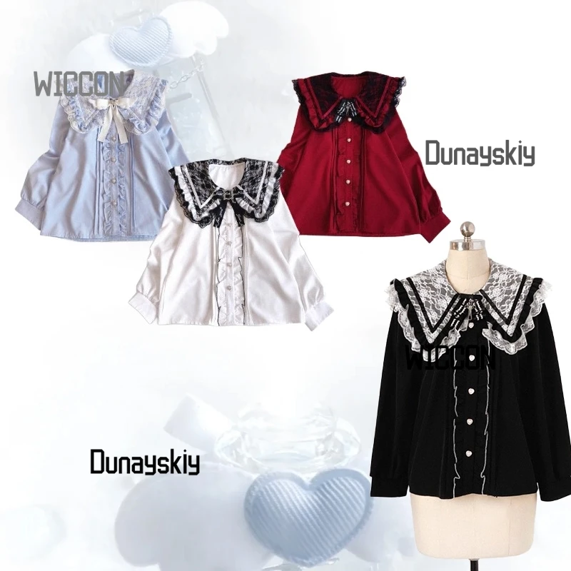 Jirai Kei Rojita Lolita Frauen Cosplay Kostüme Wasser Blau Weiß Schwarz Rot Spitzenkragen Langarm Hemd Bluse Tägliche Party
