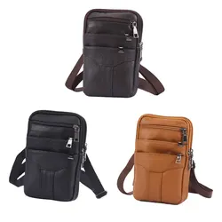 Riñonera de cuero para hombre, bolso de Color sólido con cremallera de repuesto, bandolera Rectangular para teléfono inteligente, cartera negra para auriculares