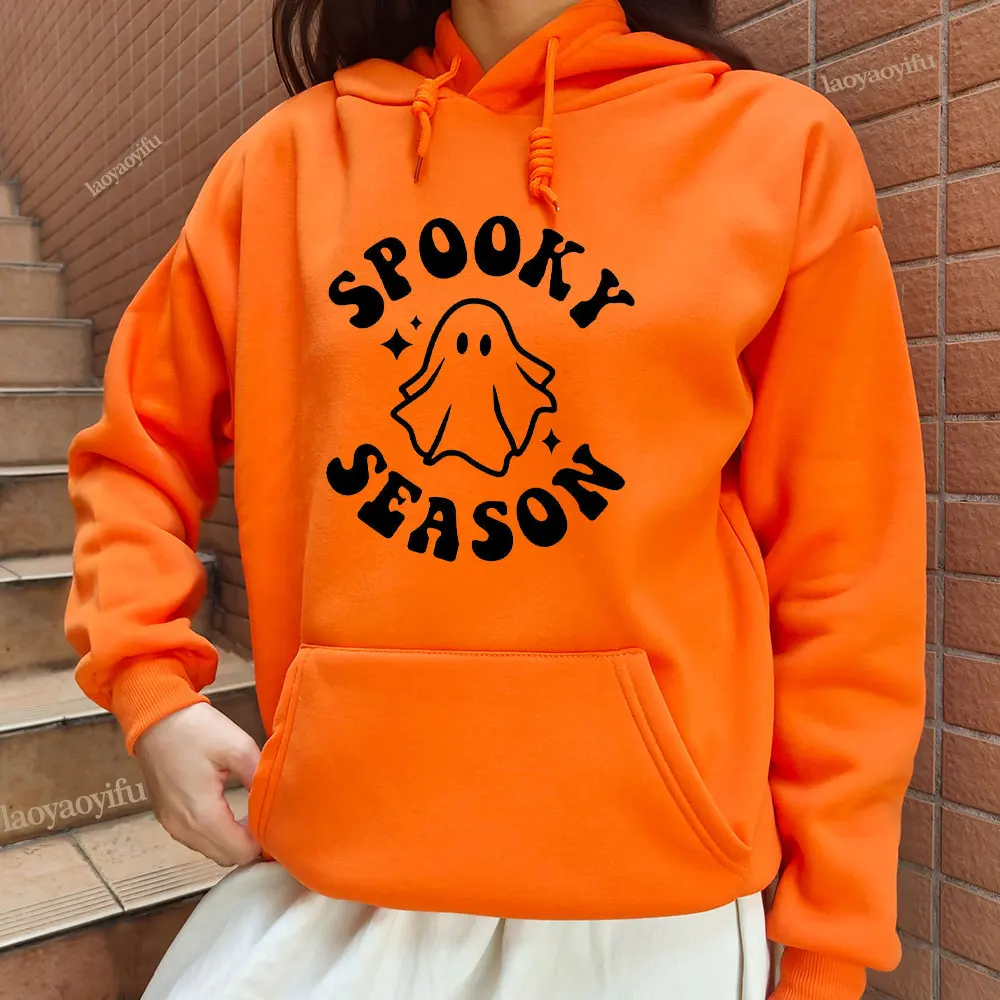 Spooky Season Funny Ghost Boo Woman Orange Graphic Hoodies Halloween Trick or Treat Autumn and Winter Man Thermal Hoodie Candy