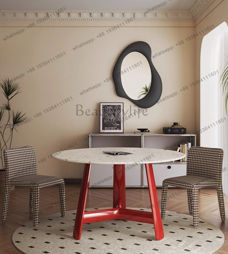 Round dining table and chair combination red medieval terrazzo high-end marble round dining table