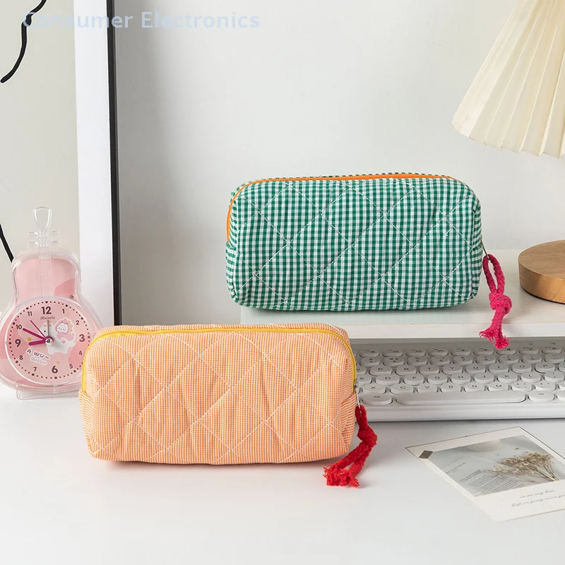 Simple Quilting Contrast Color Plaid Pencil Case Large Capacity Pouch Student Stationery Bag Travel School Supplies