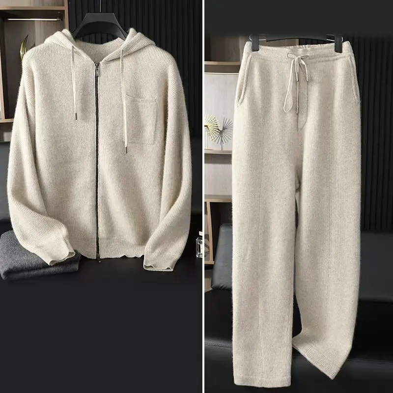 

A-Class 100% Pure Cashmere Two-Piece Men's Hooded Zipper Knitted Cardigan Casual High Waisted Pants Autumn Winter Thick Warm