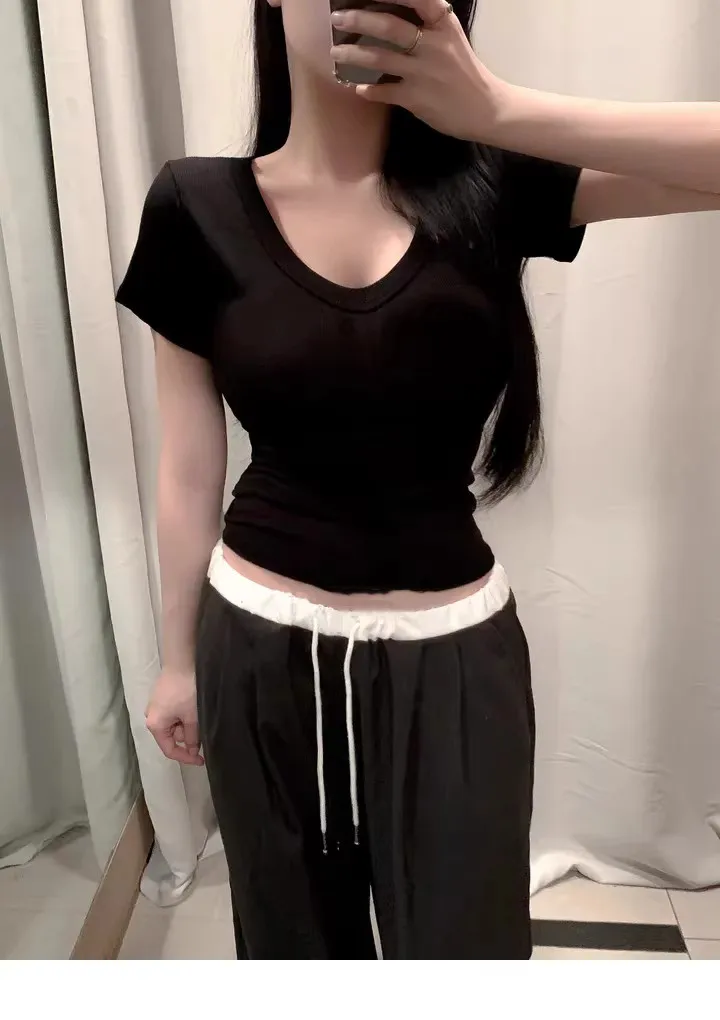2026 Kurzarm-T-Shirt für Damen, einfarbig, schlicht, lässig, weich, vielseitig, Basic Crop Tops, Sommermode, eng anliegende Oberteile, Schwarz, Weiß – Detail 17