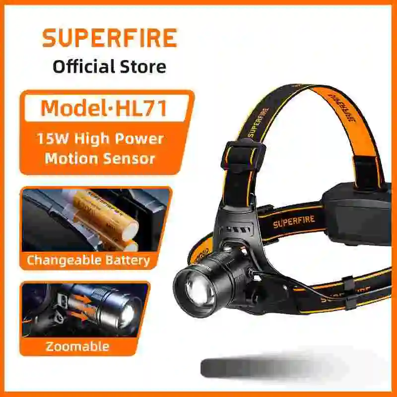 

SUPERFIRE HL71 Мощный светодиодный налобный фонарь, телескопический масштабируемый налобный фонарь, датчик USB-C, перезаряжаемый портативный фонарь для рыбалки, кемпинга